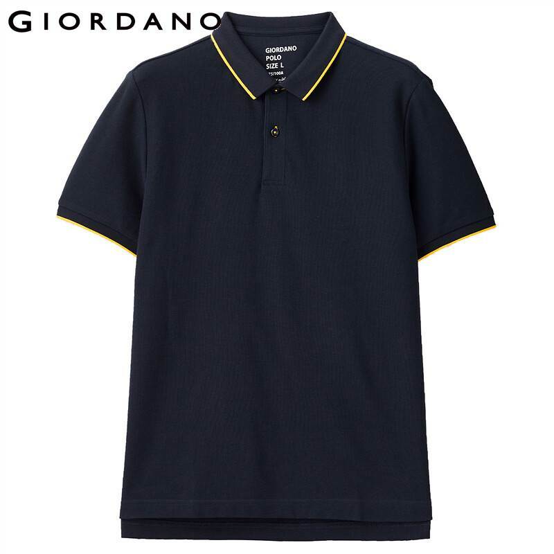 Giordano-Camisa polo masculina de manga curta, estrutura de malha, gola plana com nervuras, contraste, cauasual, gorjeta, 01011425