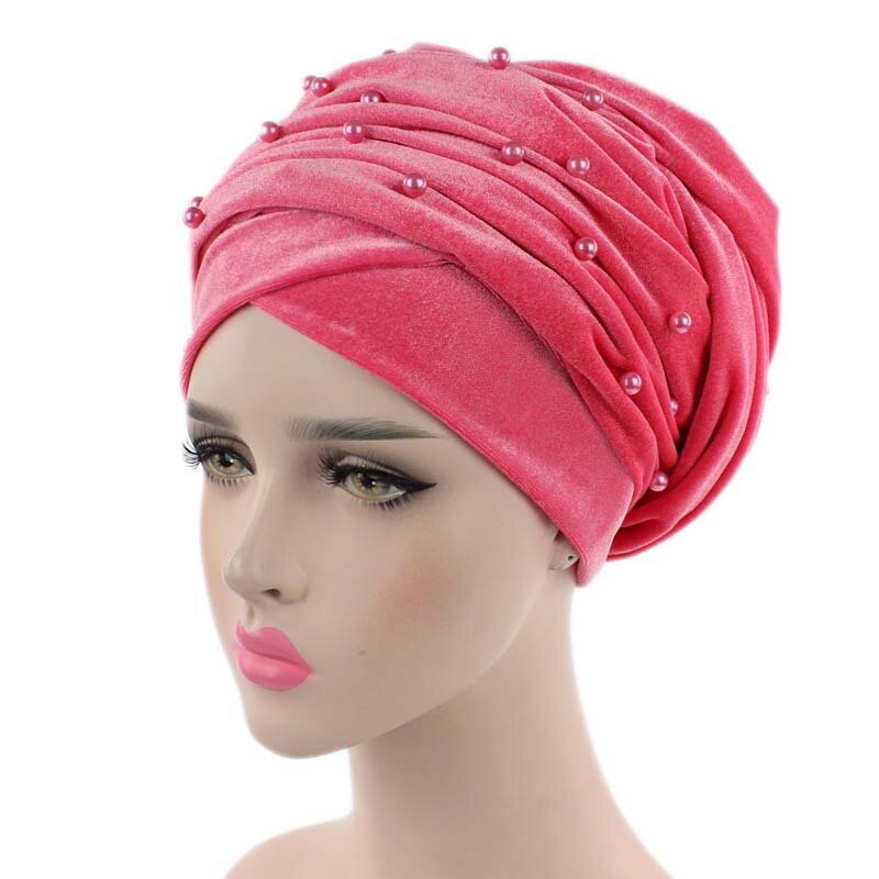 Perłowe koraliki chustka na głowę dla kobiet z miękkiego aksamitu czapka Turban gotowy do noszenia hidżab szalik Mulim głowa okłady afrykański kapelusz