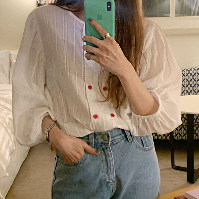 Frauen Doppel-breasted Koreanische Süße Rundhals Bluse Plissee Stitching Design Shirts Lose Puff Sleeve Shirt Top Blusas 15871
