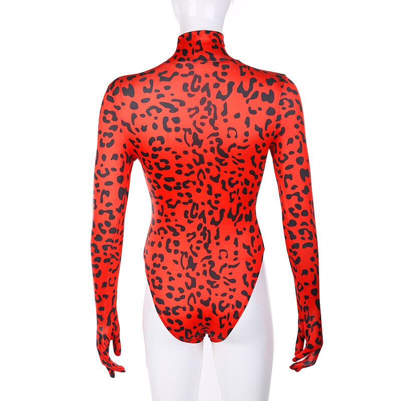 Bkld macacão feminino com gola alta estampa de leopardo, manga comprida com luvas, body feminino bodycon para outono 2019