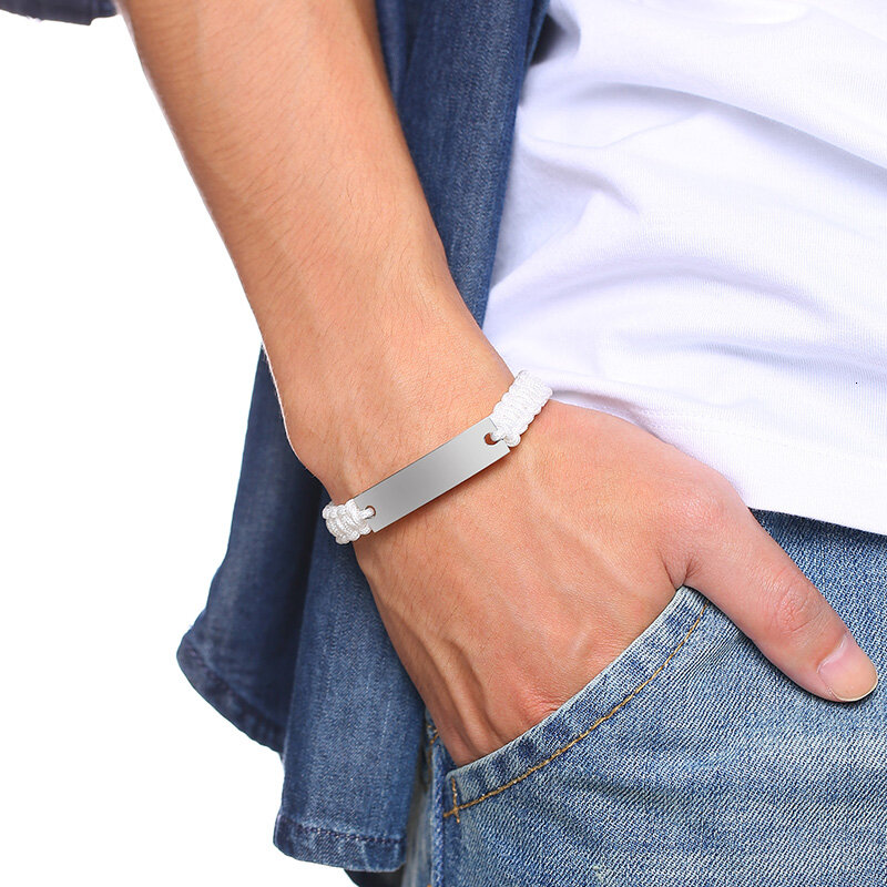 Vnox-pulsera de cadena de cuerda trenzada para hombre, brazalete con nombre personalizado, fecha, cita inicial, grabado personalizado, longitud ajustable