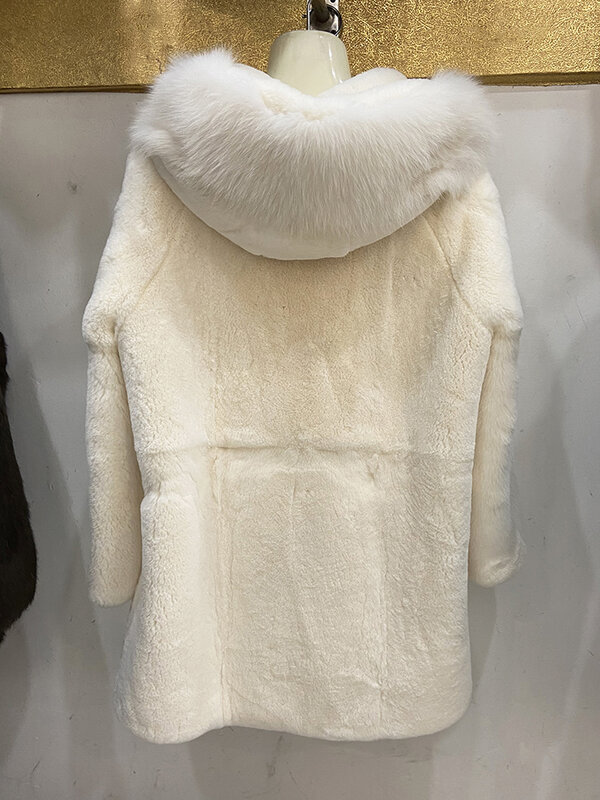 Wanita Musim Dingin Hangat Lembut Padat Abu-abu Putih Tebal Hangat Nyata Rex Bulu Kelinci Berkerudung Nyata Bulu Rubah Pakaian Luar 75Cm Panjang
