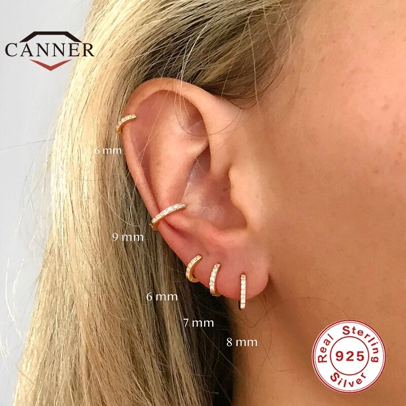 CANNER Real 925 Sterling Silver Hoop ต่างหูสำหรับรอบวงกลมต่างหู Zircon Piercing ต่างหูส่วนบุคคลแนวโน้มเครื่องประดับ