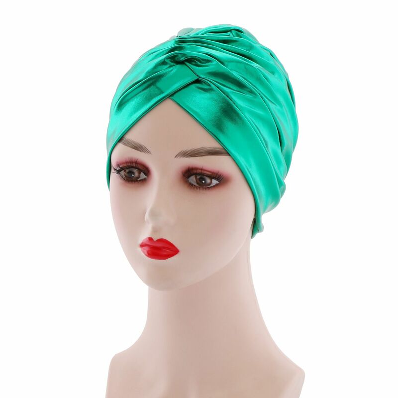 Topi Sorban Serat Glitter Hijab Dalam Muslim Topi Afrika India Warna Solid Beanie Kepala Bungkus Wanita