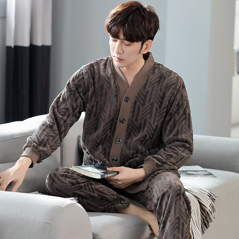 Conjunto de Pijamas de franela gruesa para hombre, ropa de dormir con cuello en V, de manga larga, cálida y sólida, talla grande 3XL, Otoño e Invierno