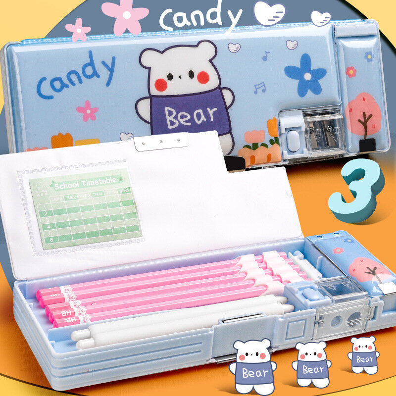 Caixa de papelaria dos desenhos animados com apontador de lápis Estojo de plástico Caixa de armazenamento escolar Estojo bonito para crianças Presentes de estudante