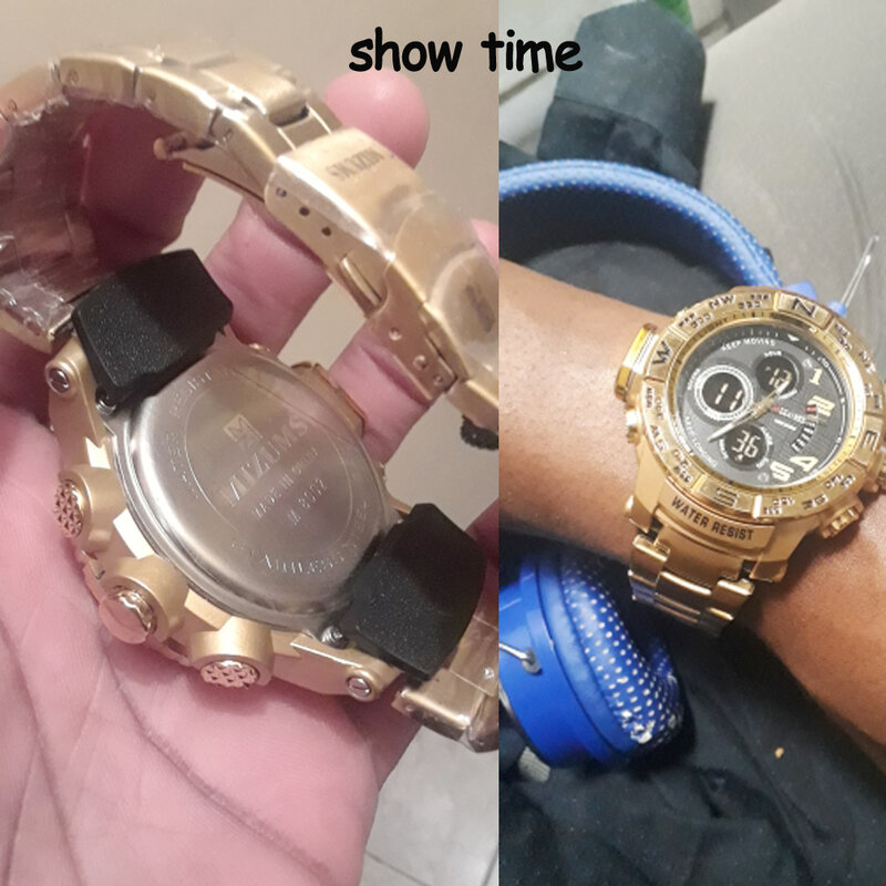 Mizams العلامة التجارية ساعة كوارتز ساعة رياضية للرجال سوار فولاذي ساعة عسكرية مقاوم للماء الذهب LED ساعة رقمية Relogio Masculino