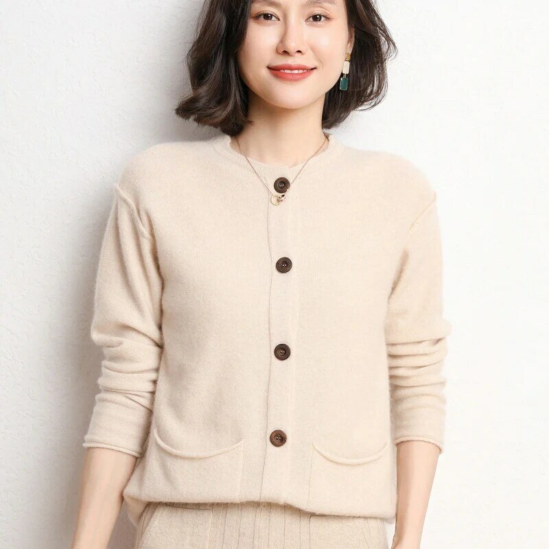 Rajutan Kardigan Wanita Leher Bulat Sweter Longgar Malas Musim Gugur Musim Dingin 2021 Baru Wol Mode Dasar Pendek Lengan Panjang Versi Korea