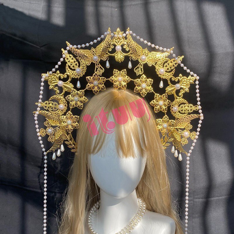 Lolita Sun Goddess Angel Halo Crown Necklace Headpiece Queen Anna Baroque Pearl Tiara Headband Gothic Accessories