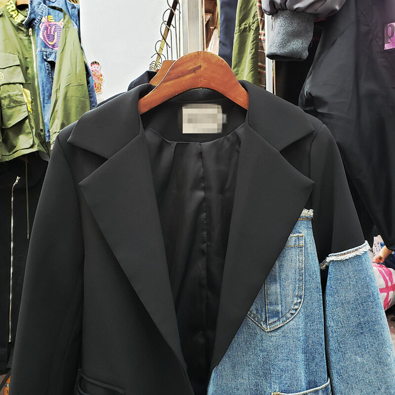 Denim Patchwork Women Blazer Jacket High Quality Single Button Black Suit Jacket Loose Fashion Lady Blazers Coat 2023 Autumn New