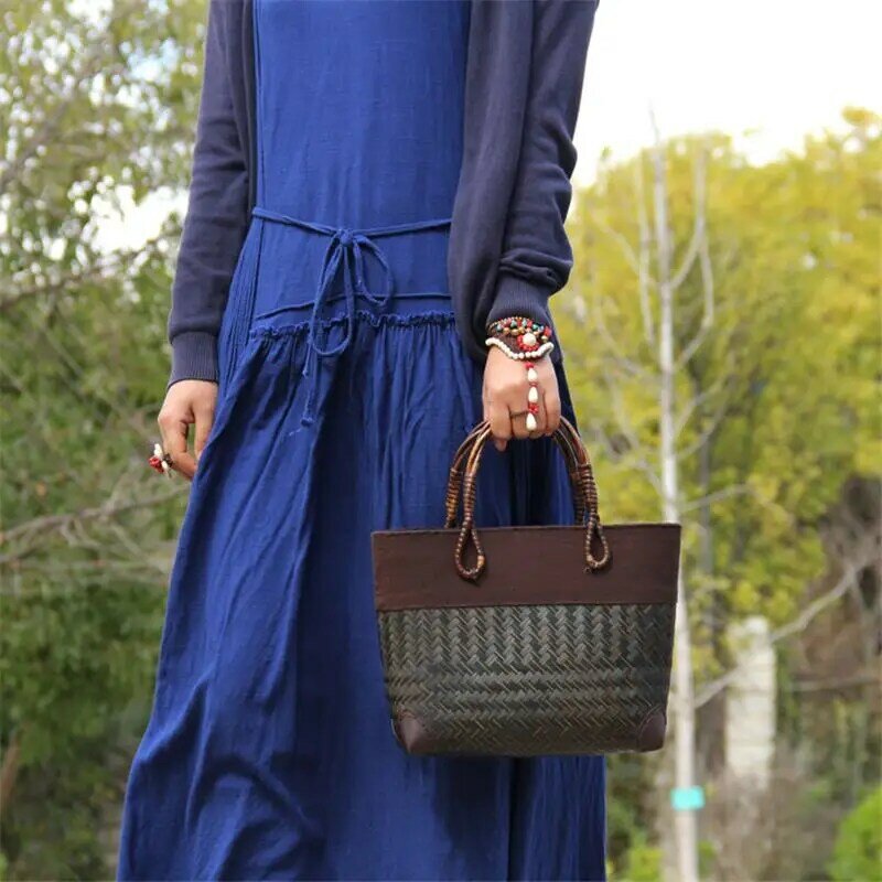 Тайская плетеная сумка ручной работы из бамбука, 31x20 см, сумка-ведро из искусственного ротанга, пляжная сумка для отпуска, Ретро сумка a6109
