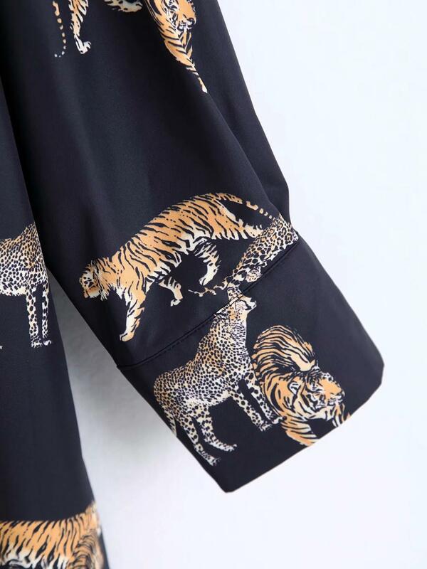 Withered england high street vintage Tiger Print loose blusas mujer de moda 2019 kimono shirtwomens tops and blouse plus size