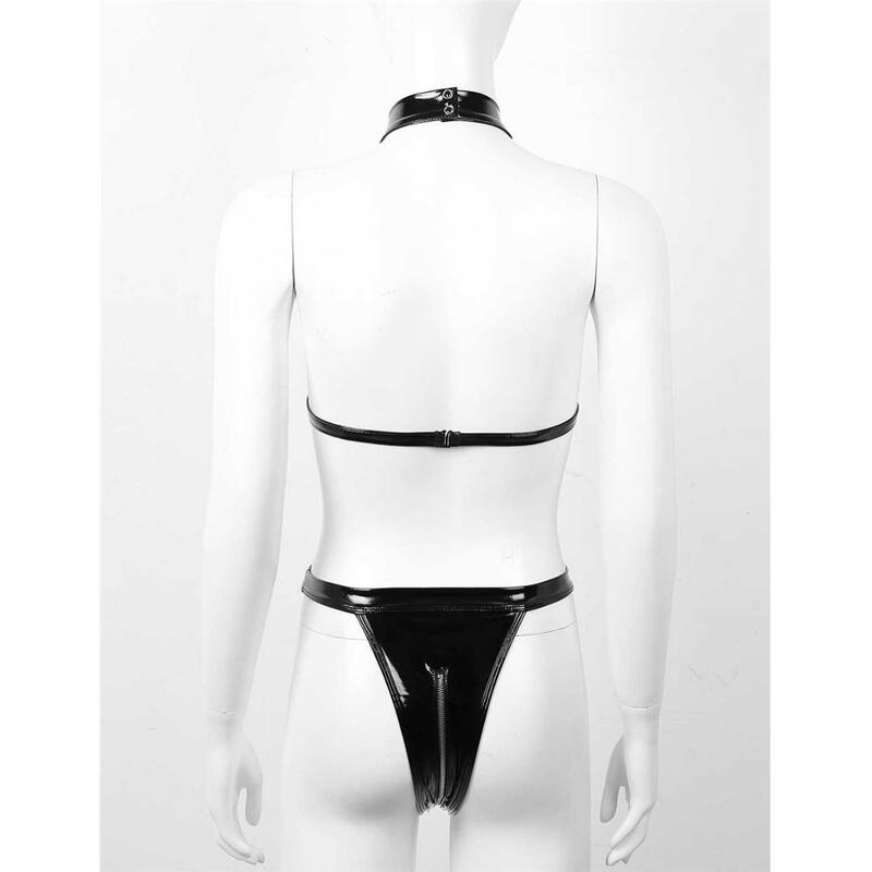 Womens Sexy Bodysuit Fishnet Cups Wet Look Patent Leather One-piece Body Suit Halter Neck Zippered Crotch High Cut Thong Leotard