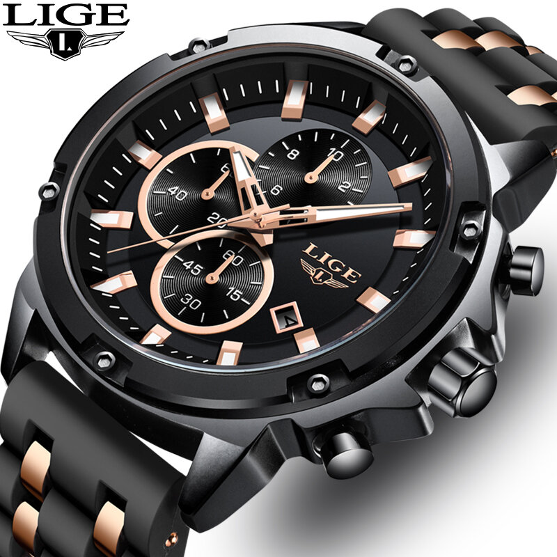Часы LIGE мужские черные деловые классические, брендовые Роскошные водонепроницаемые спортивные с хронографом и силиконовым ремешком