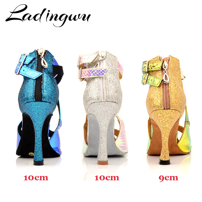 Ladingwu-zapatos de baile latino para mujer, calzado de Salsa, fiesta de baile, boda, salón, láser PU y purpurina, azul, dorado y plateado