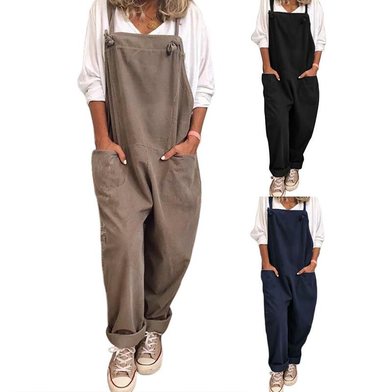 Women Casual Solid Color Sleeveless Pockets Long Pants Strap Jumpsuit Overall