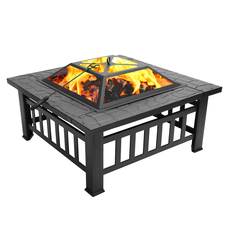 Outdoor Portable 32'' Metal Fire Pits BBQ Square Table Backyard Patio Garden Stove Wood Burning Fireplace