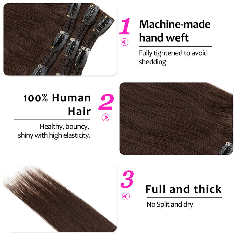 人間の髪の毛のエクステンションのisheeny-クリップオンヘアピース、茶色のクリップ、本物の天然のヘアピース、16 "、18" 、20 "、22" 、セットあたり3個