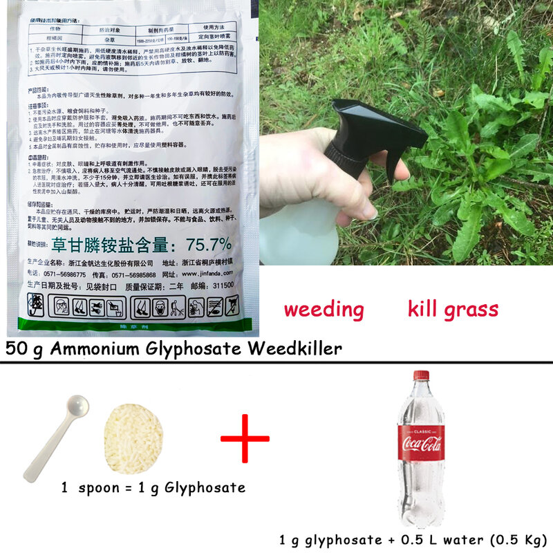 50 g glifosat amonowy herbicyd glicynowy usuń chwast Broadleaf zabij trawę pestycyd kierunkowy łodyga i liść Spray Weedkiller