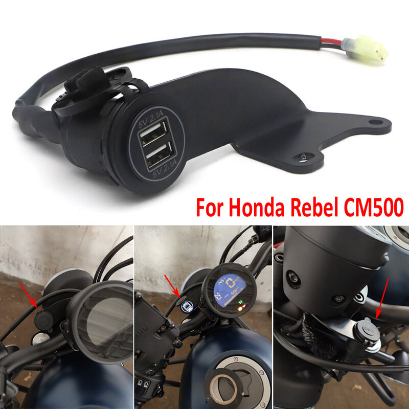 Motocicleta Carregador USB duplo para Honda Rebel, adaptador de isqueiro, carregador do telefone, porta USB dupla, CMX 500, 300, CMX500, CMX300