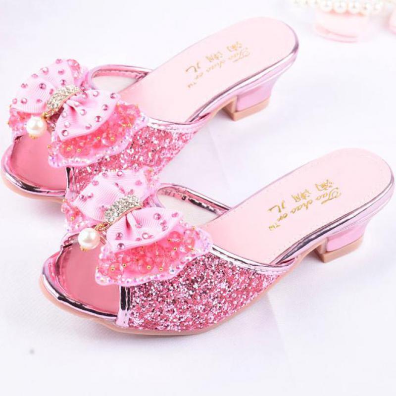 Sandali estivi per ragazze pantofola con paillettes Princesse bambini tacco alto scarpe eleganti da festa pantofola in pelle per scivoli per bambini
