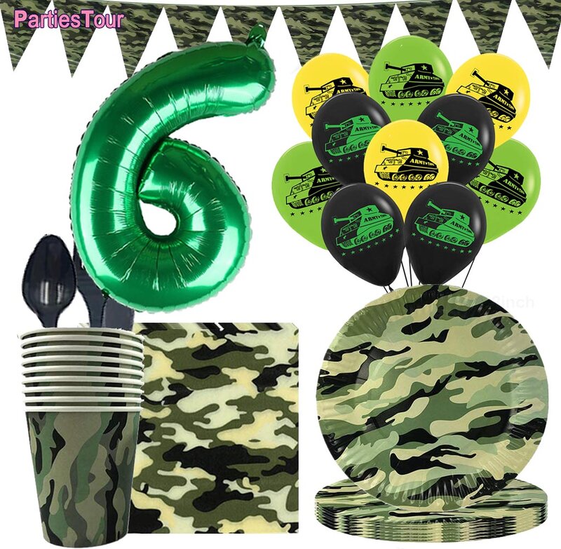 군사 생일 파티 용품 위장 컵 종이 접시 냅킨 배너 풍선 탱크 육군 팬 파티 장식 소년 스카우트