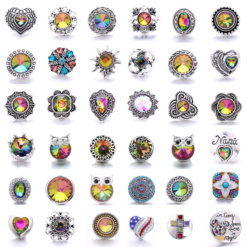 Quarante styles de boutons à pression en cristal pour femmes, bijoux de 18mm, accessoires de bracelet, cadeau, 5 pièces