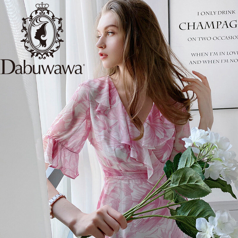 Dabuwawa Beach Boho Elegant Pink Long Chiffon Dress Women V Neck Ruffle Sleeve Party Sexy Dress Women Summer DT1BDR089
