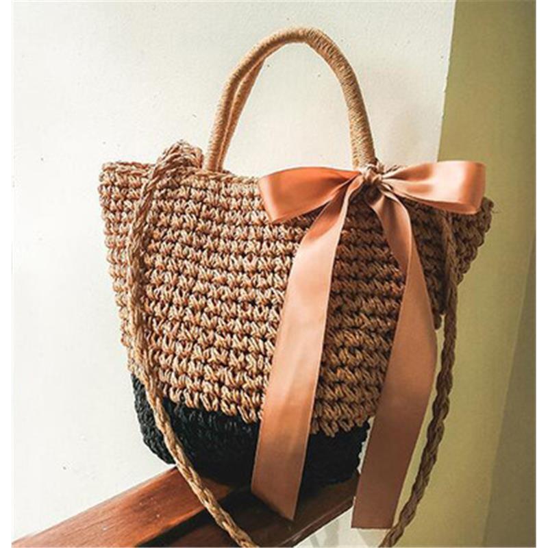 32x22CM Bohemian Bow Single Shoulder Handbag Dual Purpose Straw Bag Seaside Vacation Beach Bag Woven Bag a7166