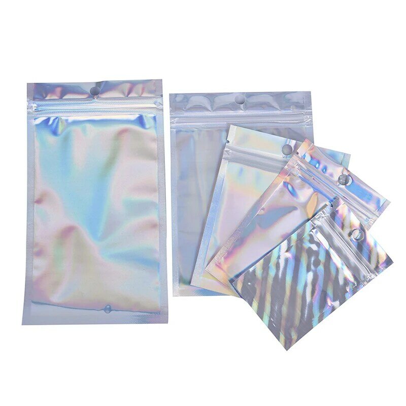 Sacchetti con chiusura a cerniera iridescente da 10 pezzi sacchetti con cerniera olografica Laser in plastica cosmetica buste autosigillanti sacchetti regalo