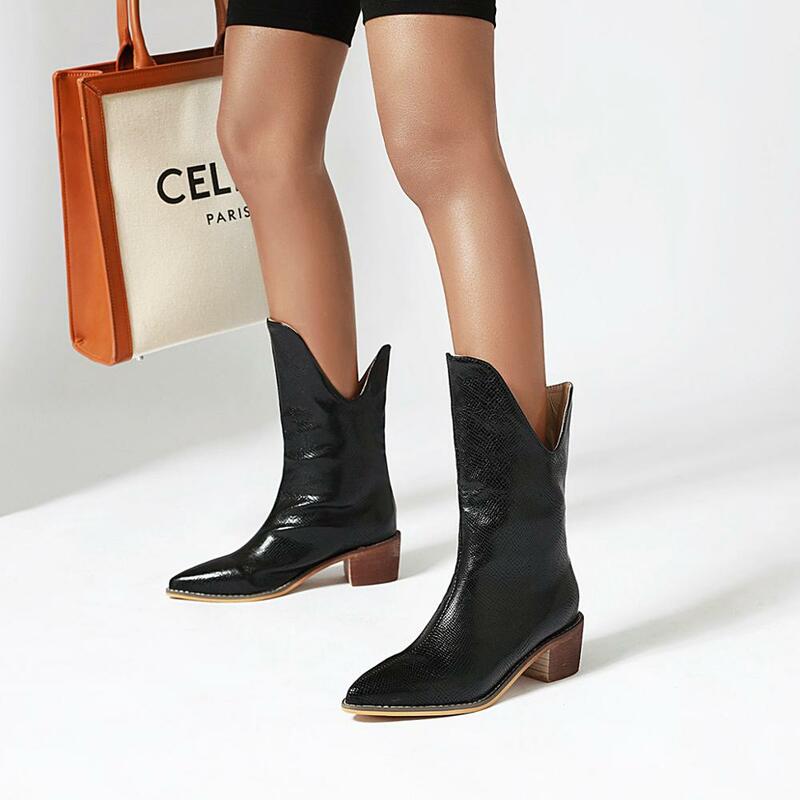 Boots ocidentais estilo cowboy para mulheres, botas curtas, salto alto, couro de cobra, casuais, outono e inverno, 2019