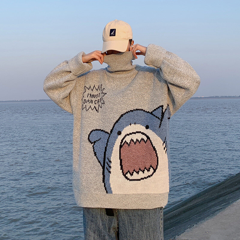 ZAZOMDE-suéter de cuello alto para hombre, jersey de tiburón, estilo Harajuku coreano, talla grande, gris, invierno, 2023