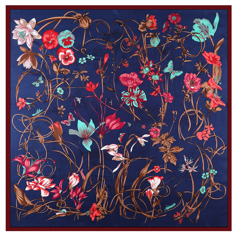 Grand Foulard Carré à Fleurs pour Femme, Design de Marque de Luxe, Écharpe en Sergé, Châle à la Mode, 130cm
