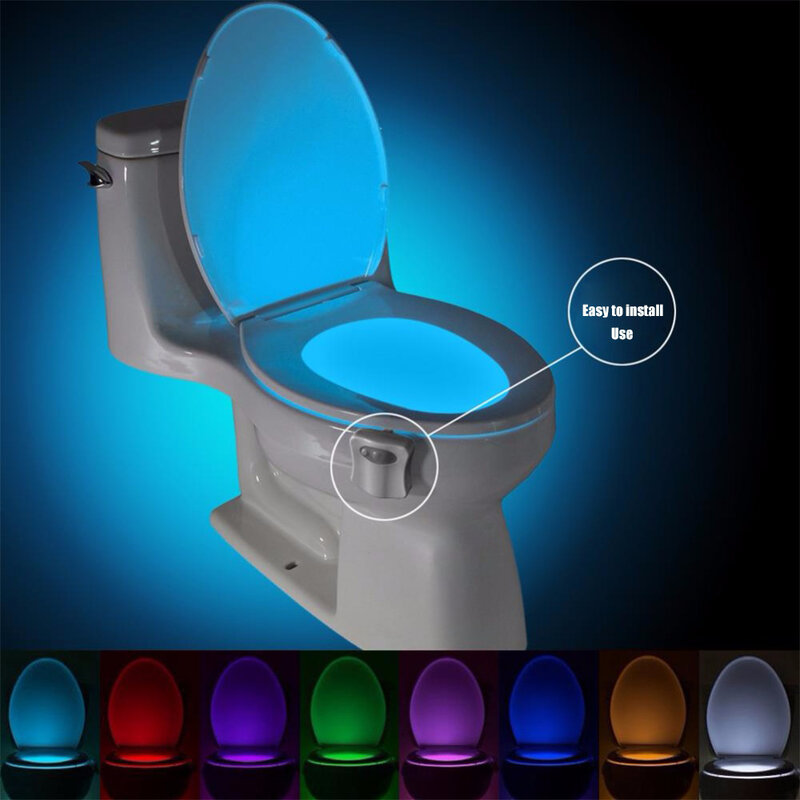 Luz nocturna para asiento de inodoro de Sensor de movimiento inteligente PIR, luz de fondo impermeable de 8 colores para tazón de baño, lámpara de Luminaria LED para WC, luz de inodoro