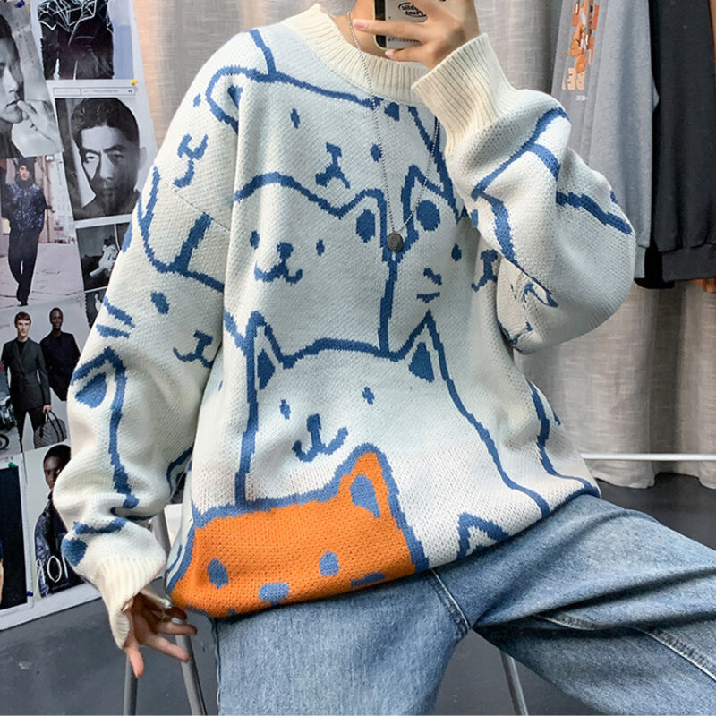 Пуловер Мужской трикотажный, с мультяшным принтом, в стиле Харадзюку