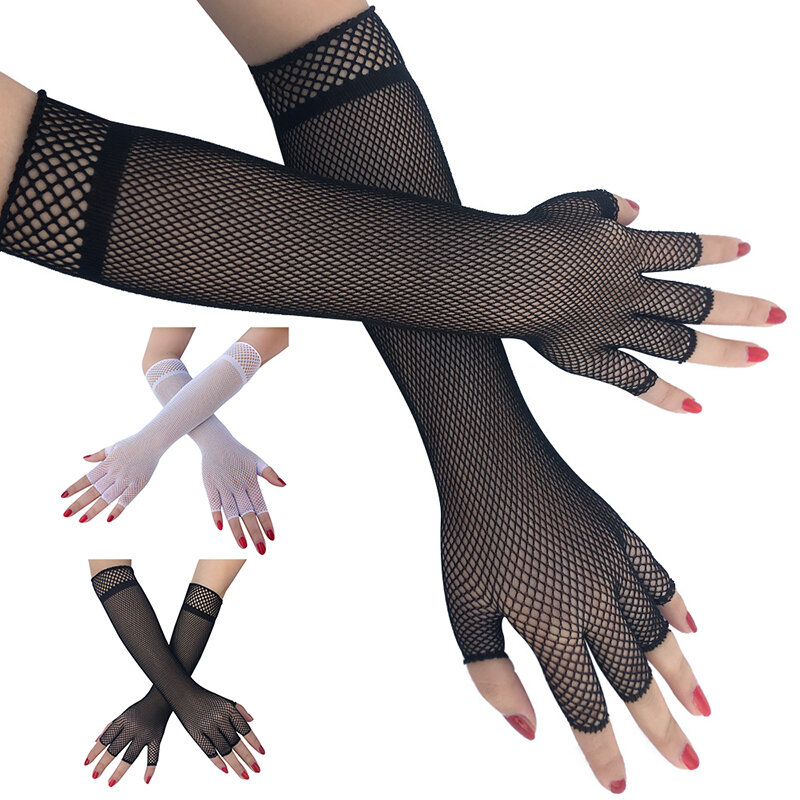 Kobiety seksowna siatka rękawiczki kabaretki łokieć rękawiczki pani wycięte otwory pół palca rękawiczki taniec Disco kostium Punk Goth kabaretki rękawiczki
