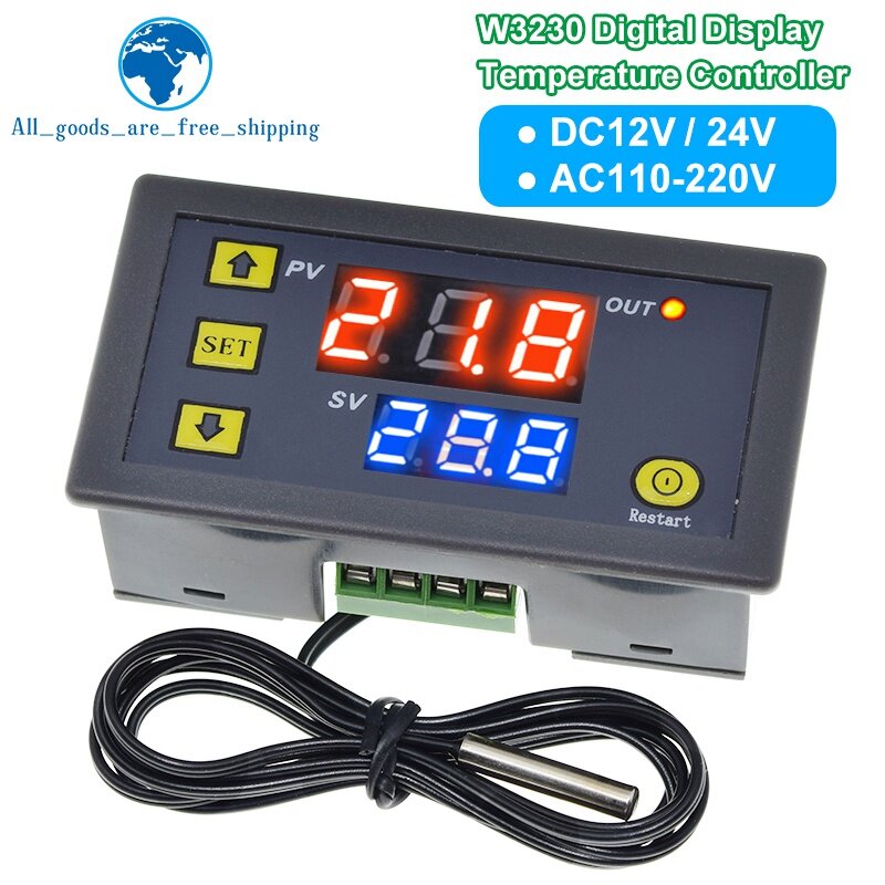 W3230 12V 24V AC110-220V Probe Line 20A Digital Kontrol Suhu LED Display Termostat dengan Instrumen Kontrol Panas/Pendingin