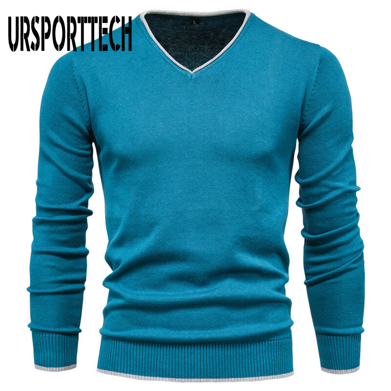 Мужской свитер из 100% хлопка, пуловер с V-образным вырезом, однотонный осенний облегающий свитер с длинным рукавом, мужская повседневная одежда, новинка 2024