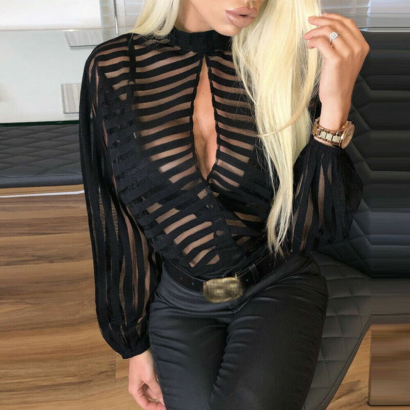 Sexy Women Summer See-Through Sheer Mesh Long Puff Sleeve Blouses Black Fashion Party Club Top Striped Transparent Shirts Blouse