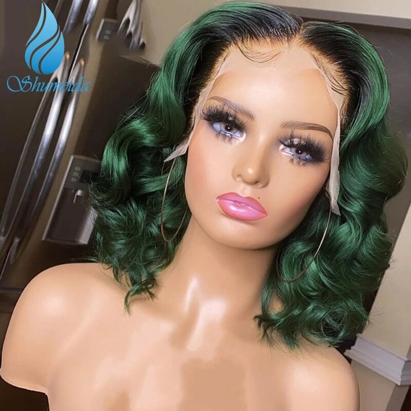 Shumeida-pelucas de cabello humano con encaje frontal, pelo corto Bob brasileño Remy con densidad de 150%, Color verde degradado, 13x4