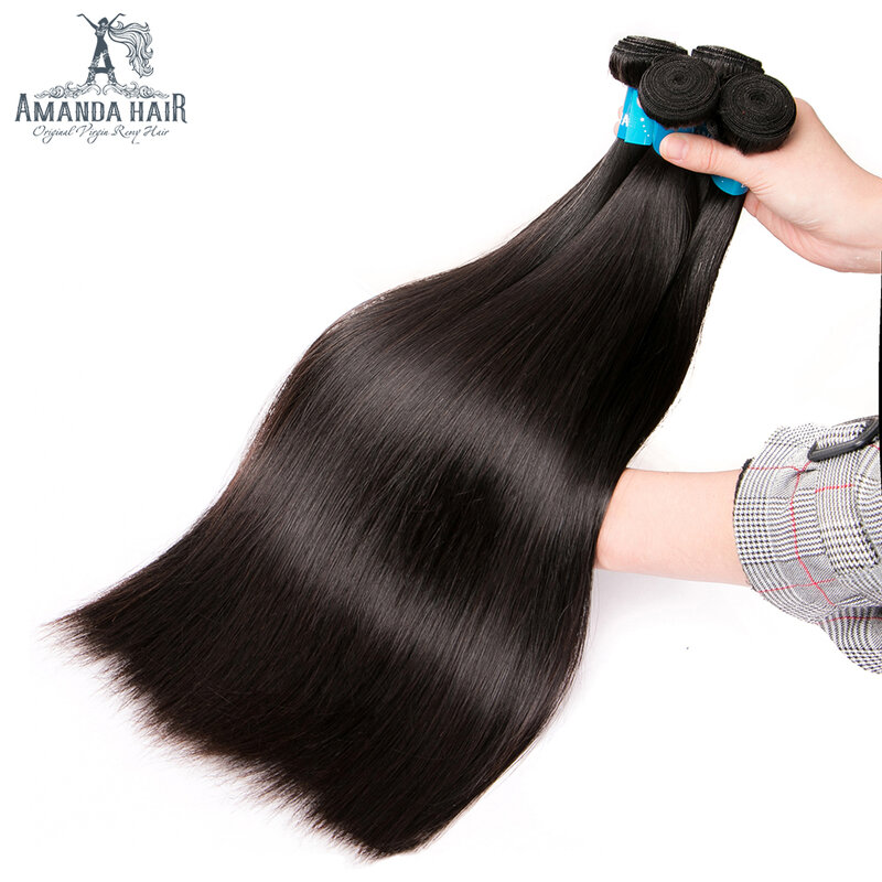 Amanda rambut manusia ditarik ganda bundel jalinan rambut Peru 8-24 inci rasio 100% lurus M jalinan rambut manusia Virgin 4 bundel