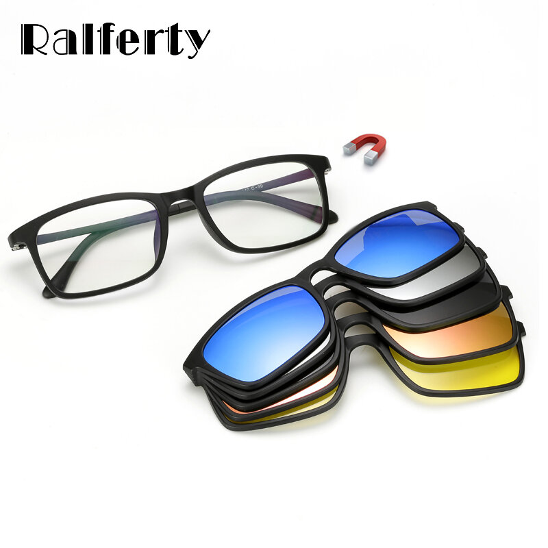 Ralferty Kacamata Hitam Terpolarisasi Pria Wanita 5 In 1 Klip Magnetik Pada Kacamata TR90 Optik Resep Kacamata Bingkai Klip Magnet