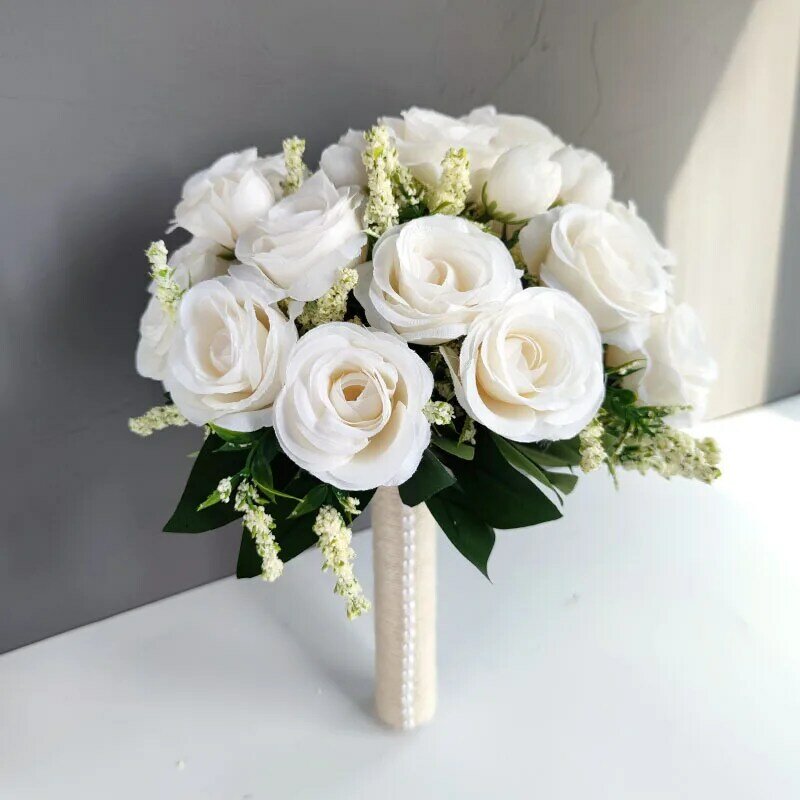 Buquê artificial para noivas, flores brancas de seda, rosas, noiva artificial, boutonniere, casamento, acessórios do casamento