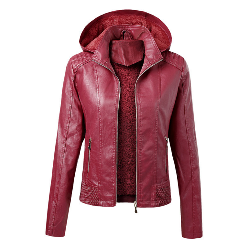 Women's PU Leather Coat, Hooded Collar, Velvet, Short, Keep Warm, Fashion, Autumn, Winter, S-XL, New Arrival