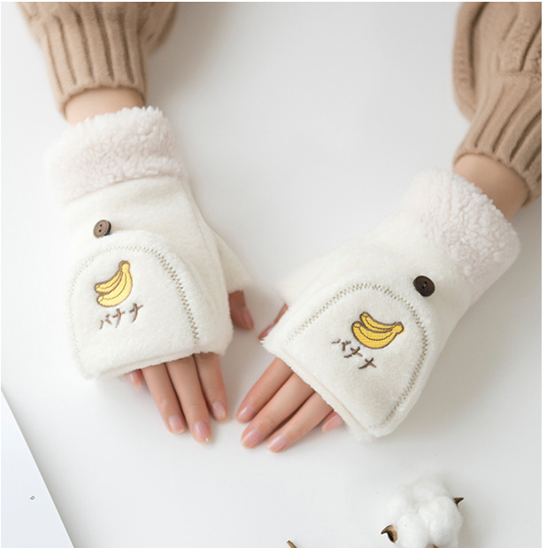 Half finger gloves for female winter cute cartoon student Plush sweet Japanese girls touch screen warm gloves