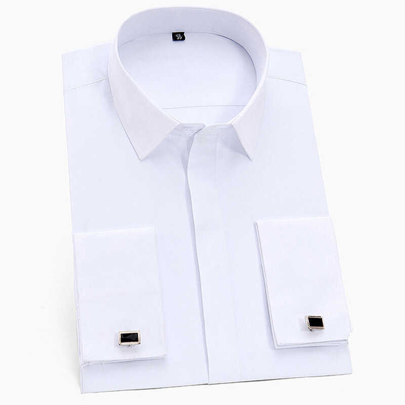 Punhos franceses clássicos masculinos, camisa de vestido sólida, frontal, negócio formal, ajuste padrão, manga longa, trabalho de escritório, camisas brancas, mosca