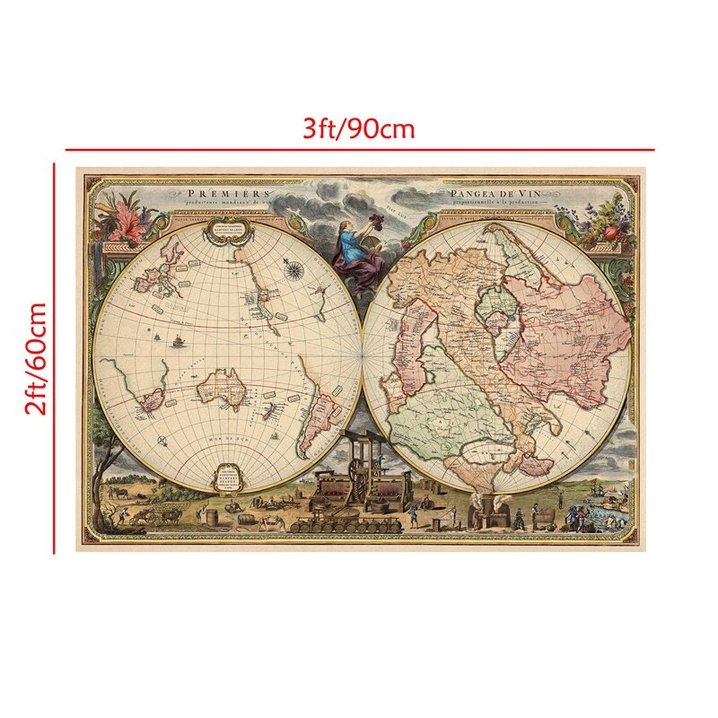 90X60Cm Peta Antik Retro Pertama Pangea dari Peta Anggur Kanvas Lukisan Poster dan Cetakan untuk Rumah Bar Dekorasi Hotel