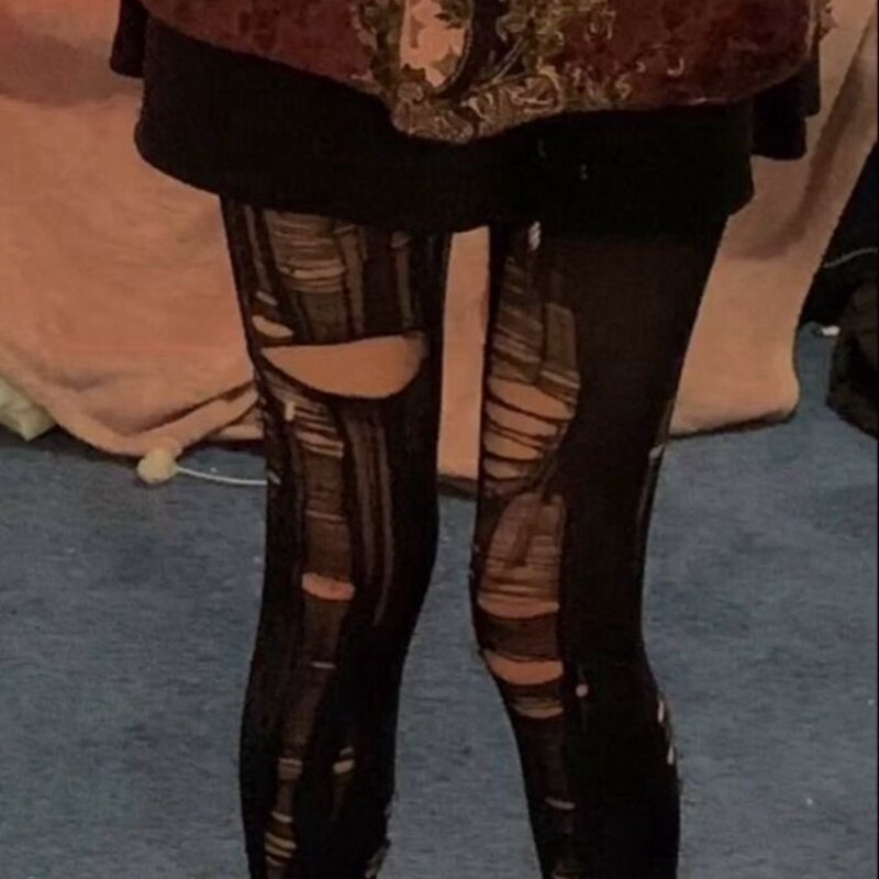 E-girl gótico diy rasgado collants sexy mulher fishnet calças de fundo preto feminino oco para fora roupa interior de malha