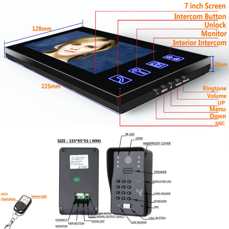 7 "LCD видеодомофон домофон дверной звонок Система с электрическим замком + беспроводной пульт дистанционного управления RFID дверной контроль доступа