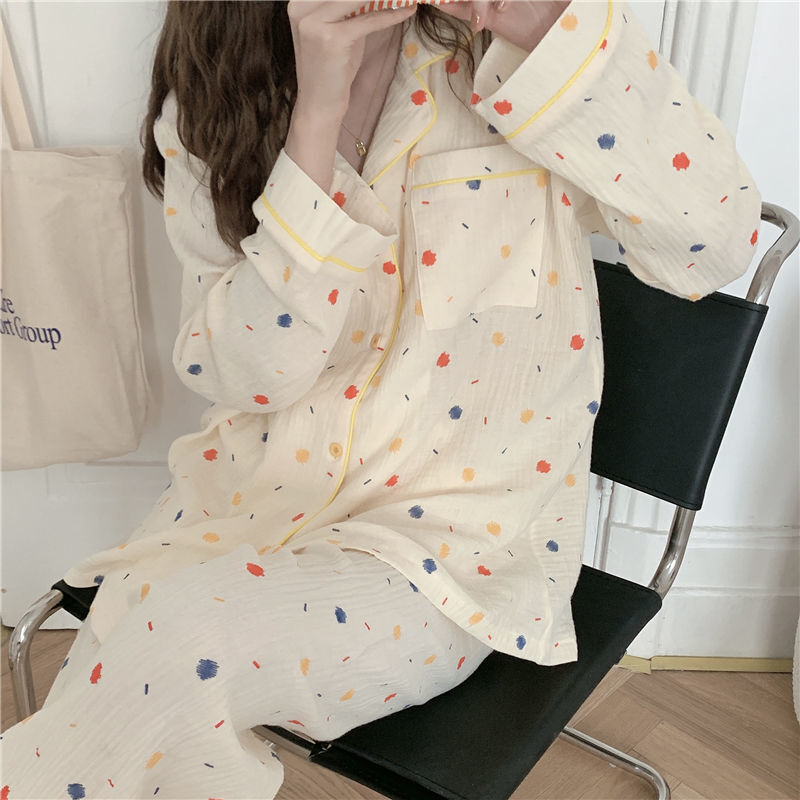 QWEEK – pyjama en coton à pois pour femme, vêtements de nuit coréens, manches longues, tenue d'automne